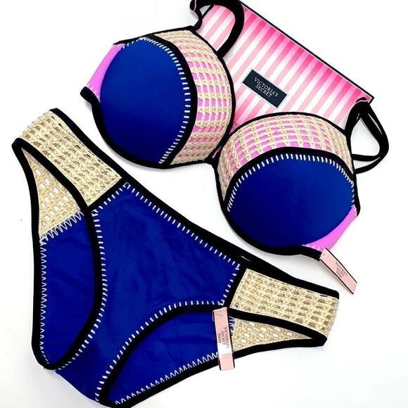 🔥🏖VICTORIA SECRET  swimsuit The Fabulous/The strappy cheeky  blue/purple New - Picture 2 of 7